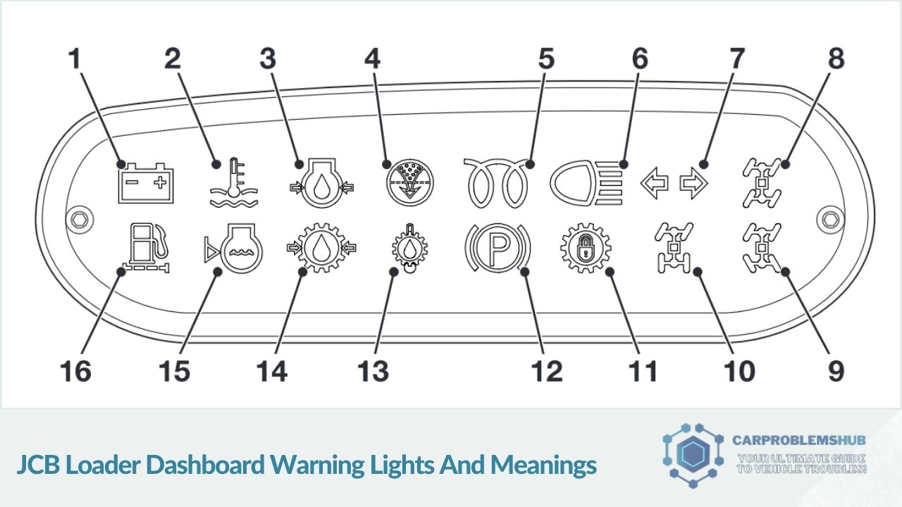 An overview of the symbols and their meanings on the dashboard of a JCB loader.